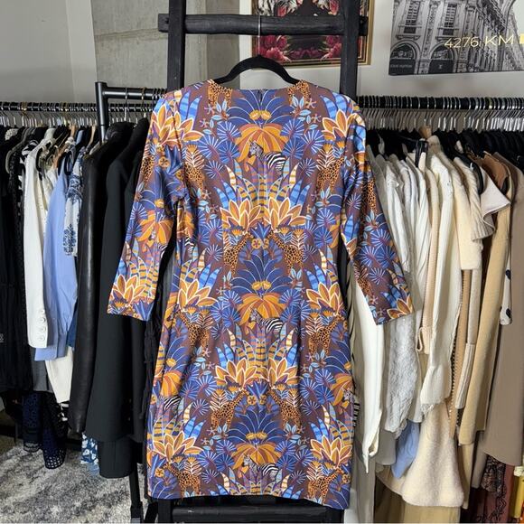 J. McLaughlin Sophia Safari Print Dress Brown Blue Gold - Picture 7 of 9